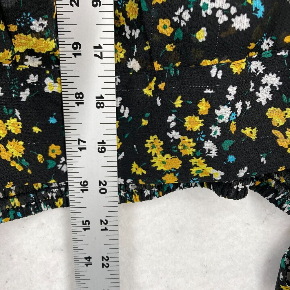 Express Women's Floral Wrap Blouse Large Black Yellow Bishop Sleeve Tie‎ Waist - Picture 8 of 13